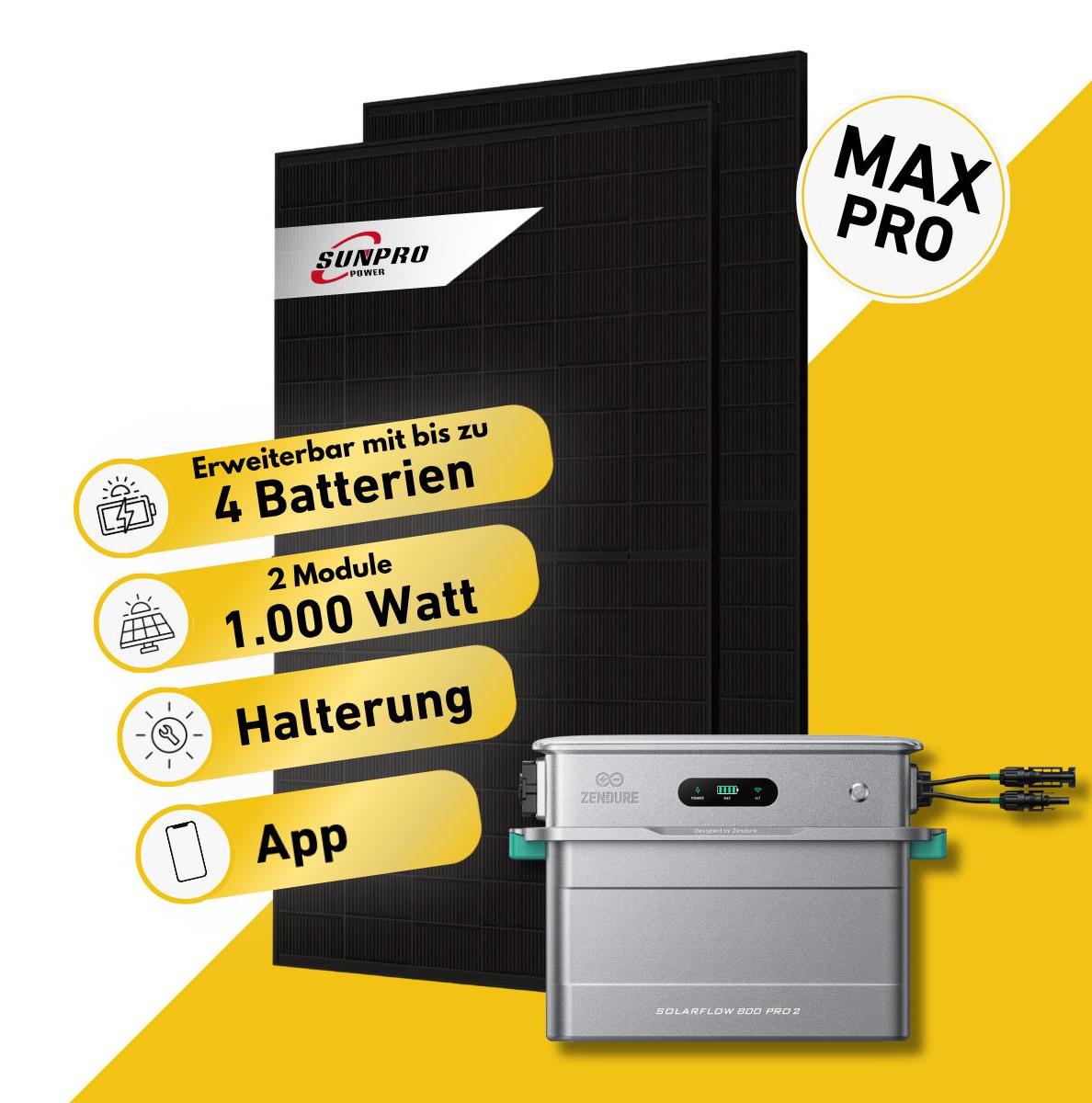 Balkonstrom Balkonkraftwerk 1000W Solaranlage mit Speicher | 2xSolarmodul Bifazial | Zendure 800 Pro 2 | Ohne Kabel