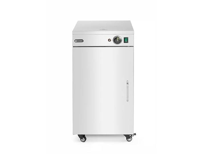HENDI Teller-Wärmeschrank, einzeln, hält bis zu 72 Stück ø24cm Teller, 3 abnehmbare Einlegeböden, Temperaturbereich: 30°C bis 85°C, mit 4 Rädern, Tellerwärmer, 230V/400W, 393x571x(H)766mm, Edelstahl