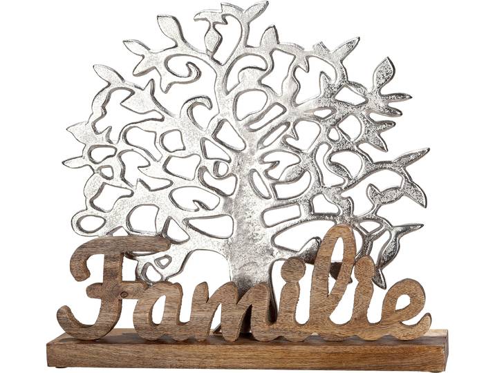 Dekofigur GILDE Lebensbaum Familie, silber , silber (silberfarben), B:37cm H:41cm T:8cm, Aluminium, Dekofiguren, Dekofigur, Dekoobjekt, Höhe 41 cm, mit Schriftzug, aus Metall & Holz, Wohnzimmer