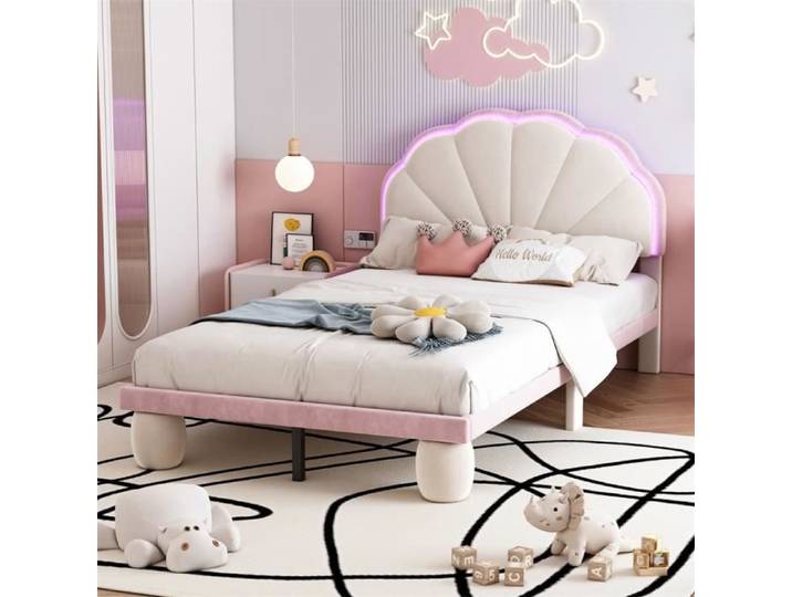 DRIPEX Lit Enfant 90x200cm avec lumineuse LED Lit rembourré en velours avec tête de lit ondulée pieds ronds lit simple Rose et