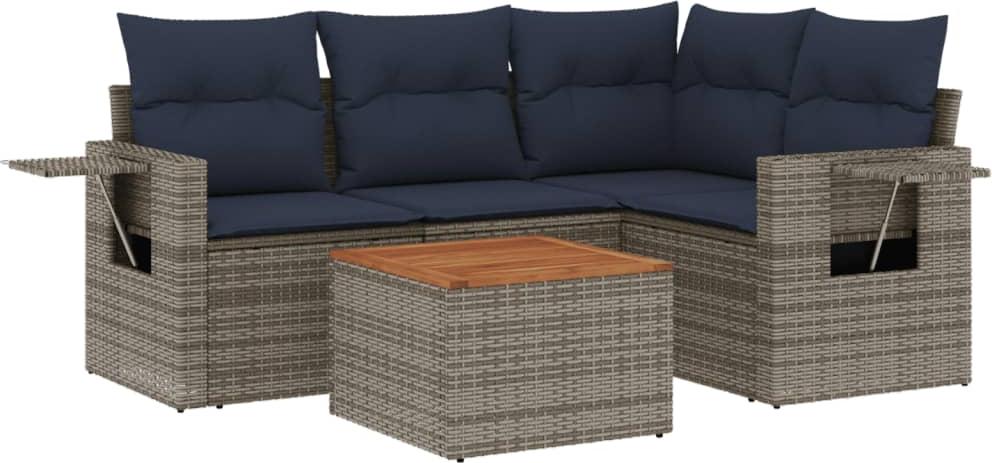 5-teiliges Gartensofa-Set mit Kissen, grau, Polyrattan