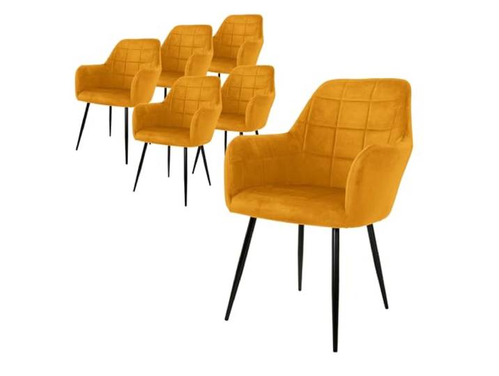 ECD Germany 6er Set Esszimmerstühle mit Rücken- und Armlehnen, Senf, Küchenstühle mit Samtbezug, Polsterstühle mit Stahlgestell, Ergonomische Stühle für Esstisch, Wohnzimmerstühle Esszimmerstuhl