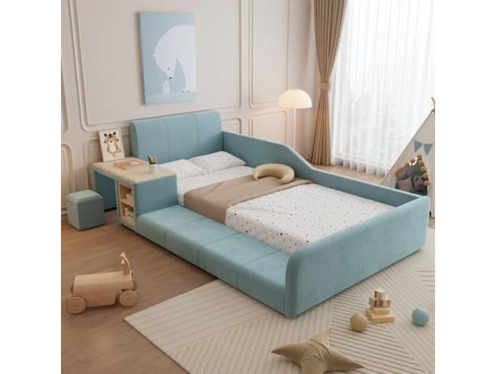 XINGNING Polsterbett Mit Kinderschreibtisch Und Hocker, Weiches Kopfteil, Holzlatten Und Ablageboden Für Kinderzimmer (Blue+Neutral + Velvet + 90cm*200cm)