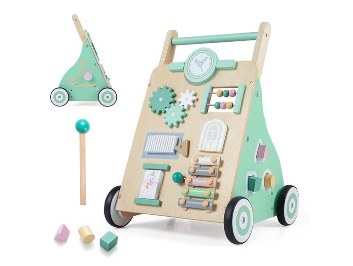 Houten Loopwagen Baby Walker met Activiteitencentrum & Wielen Loopleerhulp met 10 Interactieve Activiteiten & Opbergruimte