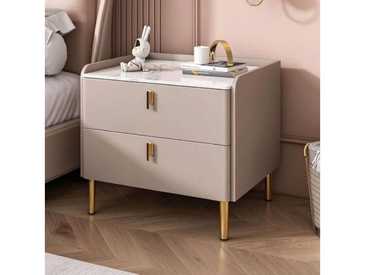 Nachttisch mit 2 Schubladen, Gepolsterter Beistelltisch Sintersteinplatte Moderner Nachttisch aus Nappa-Mikrofaserleder, Leise Schubladenführungen für Schlafzimmer & Zimmer(Brown,50cm/20in)