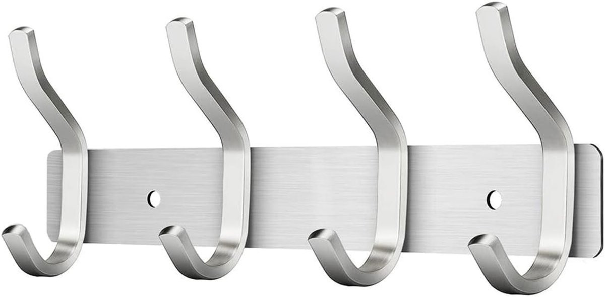 Vellaro Keukenrail met 4 haken - Zilver - Roestvrijstalen wandgarderobe voor slaapkamer en badkamer