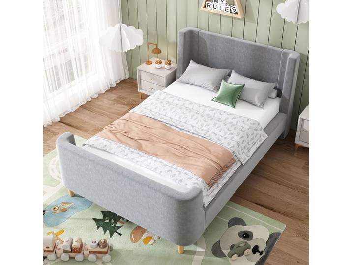 Lit enfant capitonné - Motifs spatiaux - 90 x 200 cm - Velours doux - Design traîneau