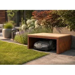 Badeko Mährobotergarage in Edelrostoptik mit Lärchenholzabdeckung H 35cm, B 80cm, T 70cm