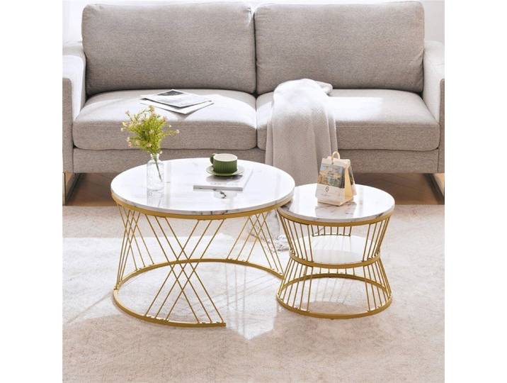 Table Basse Gigogne Moderne Ronde Table Basse Salon Blanche Laque Brillant Effet Marbre avec Étagère Ouvertes Structure Dorée