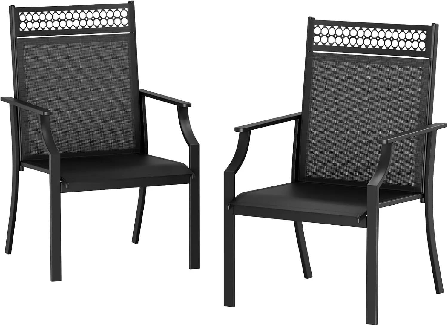 Gartenstühle 2er Set für draußen - Klappbare Dining Stühle - Metallgestell - Atmungsaktives schnell trocknendes Teslin-Gewebe - Mit Armlehnen - Schwarz
