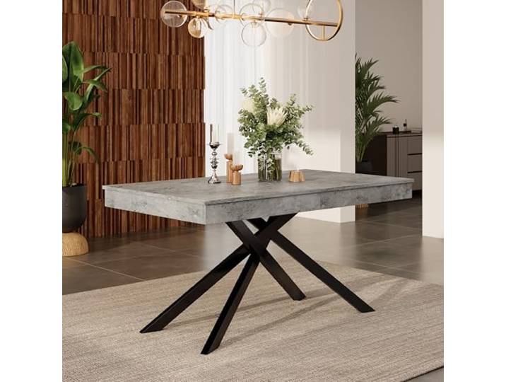 Ropilly Ausziehbarer Esstisch 140 bis 180 cm mit Kreuzbeinen, grau Ausziehbare Tischplatte von 140 bis 180 cm für 6 bis 8 Personen im Esszimmer mit 93 mm Stärke und 60 kg Traglast
