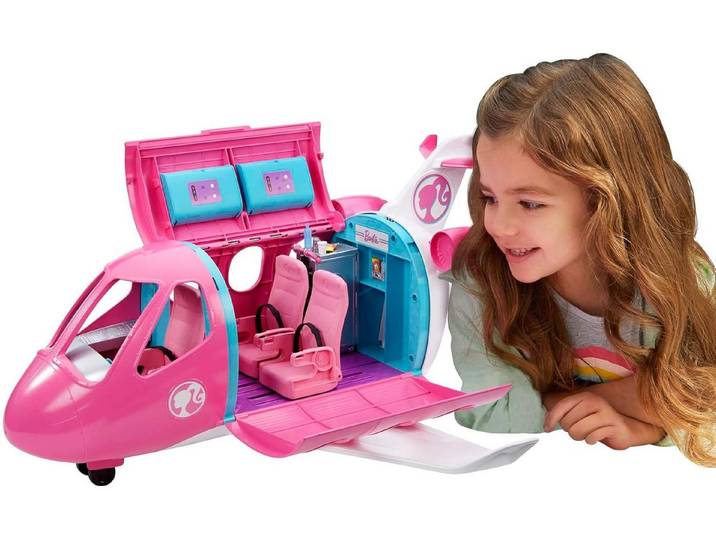 Barbie Spielzeug-Flugzeug Reise Traumflugzeug, 15 Zubehörteile, verwandelbares Spielset mit verstellbaren Rückenlehnen