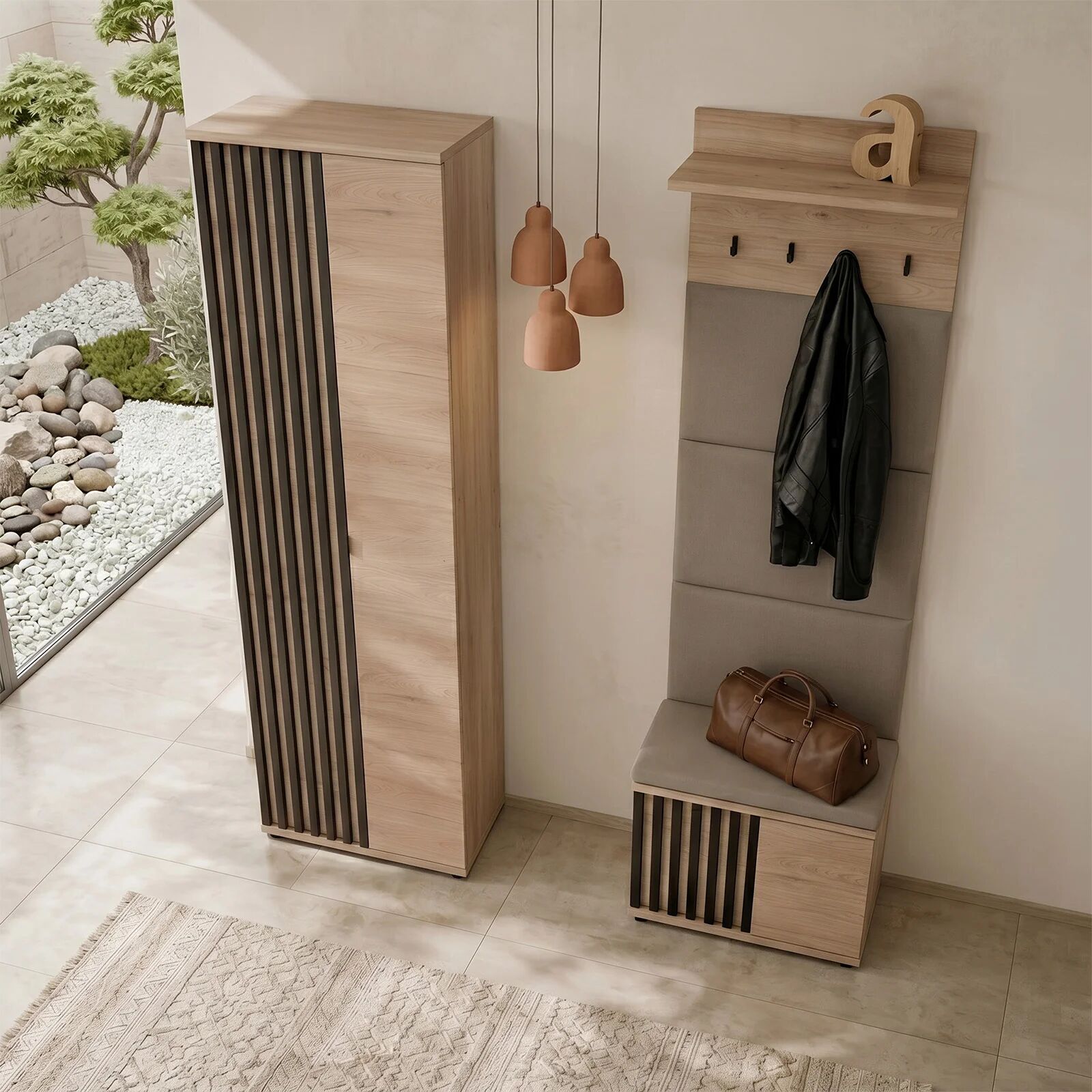 garneroarredamenti Mobile ingresso 150x202h cm con appendiabiti cannettatto rovere nero Berlino