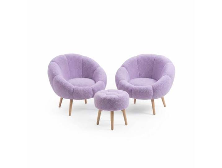Hanah Home Elegant Wing Chair & Pouffe Set (3 Pieces), Lilac, 100% Wellssoft Fabric, 18mm Melamine Coated, Perfect for Modern Living Spaces