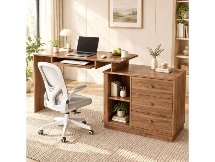 Bureau informatique extensible 2 Niches Ouvertes 3 Tiroirs et Tablette Clavier Coulissante - MODENVIE - MDF Noyer