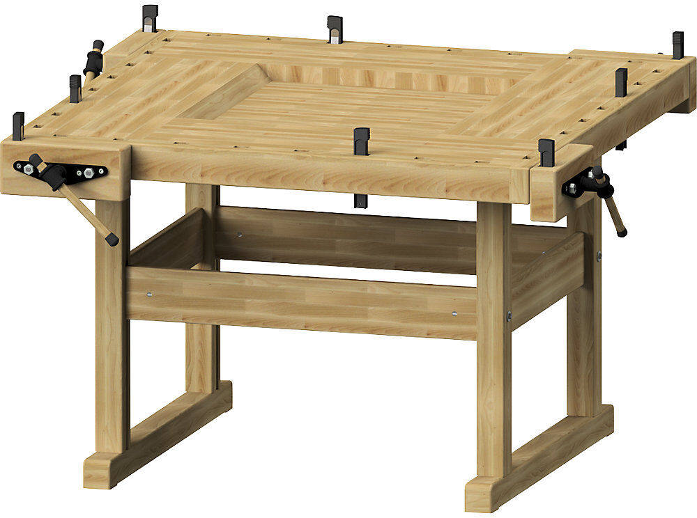 Hobelbank mit 4 Arbeitsplätzen, mit 4 Paar Rechteckbankhaken, HxBxT 880 x 1620 x 1620 mm ANKE
