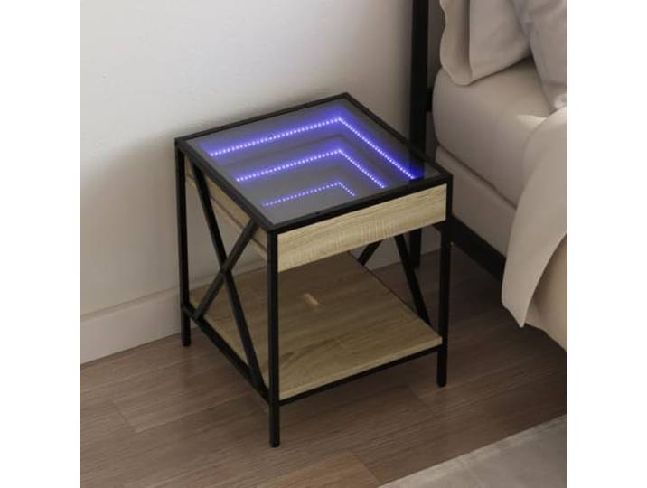 HEFZGDB Nachttisch mit Infinity-LED Beleuchtung und USB-Anschluss in Sonoma-Eiche 40x40x49 cm, Industriestil Metallgestell, RGB-LED für personalisierte Lichtshow, stabile Tischplatte