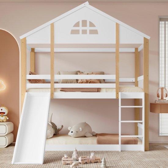 Massives Holzbett mit scharfem Winkel, 3-Türmen-Ladder, Gitterbett mit Gummibande, Sicherheitsnetz, weiß + natur, 90x200cm