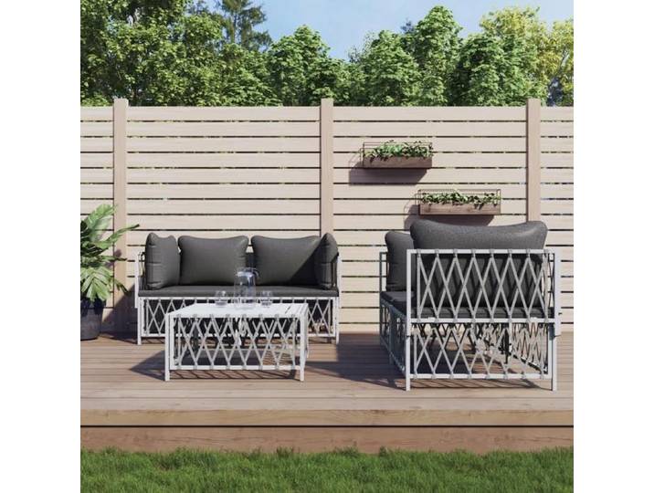 Salon de jardin avec coussins 5 pcs blanc acier ensemble de salon ensemble de salon extérieur ensemble de mobilier 3186824