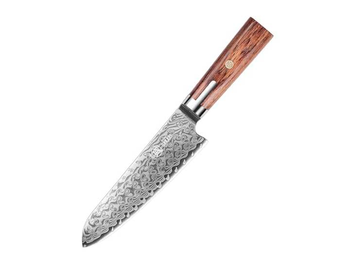 MITSUMOTO SAKARI Damaszener Küchenmesser, 18 cm Santoku Kochmesser Japanisches Handgeschmiedetes Küchenmesser, S301 Pulver Stahl Kochmesser, Boutique Holzkiste