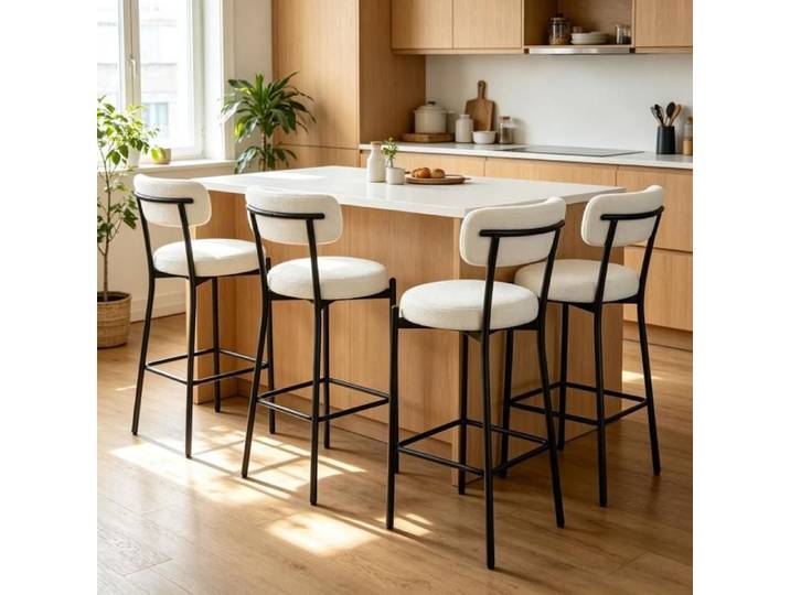 SUPFINE 4 Chaises Hautes Tabourets de Bar Tissu Flou Pieds Métal Noir avec Cadre Repose-Pied Facile à Nettoyer Jusqu'à 150kg