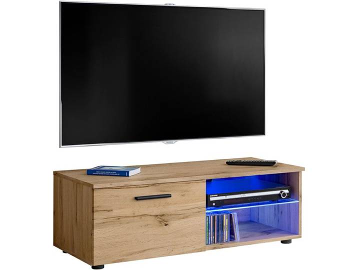 Meuble TV T32-100 Extreme Furniture - LED bleues - Bois naturel & Bois naturel - Façades en Brillant - L100cmxH34cmxP45cm