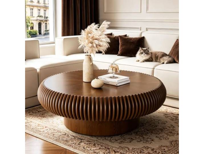LOVEHOUGES Runder Couchtisch aus Holz in Trommelform Massives Holzfurnier, stabiler Sockel, einzigartiger, handgefertigter Teetisch aus Holz, einfache Montage