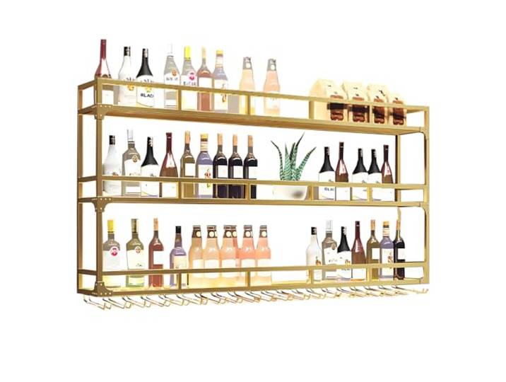 RAJYQODIS Weinregal Wand mit Glashalter, 3 Ebenen Weinpareite Display Rack, Weinflasche Glashalter Wandmontage für Esszimmer Home Bar Küche (Gold, 180cm)