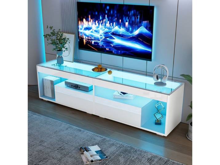 WOVREO meuble TV LED blanc brillant 180 cm avec 2 tiroirs verre trempé pour TV jusqu'à 70 pouces