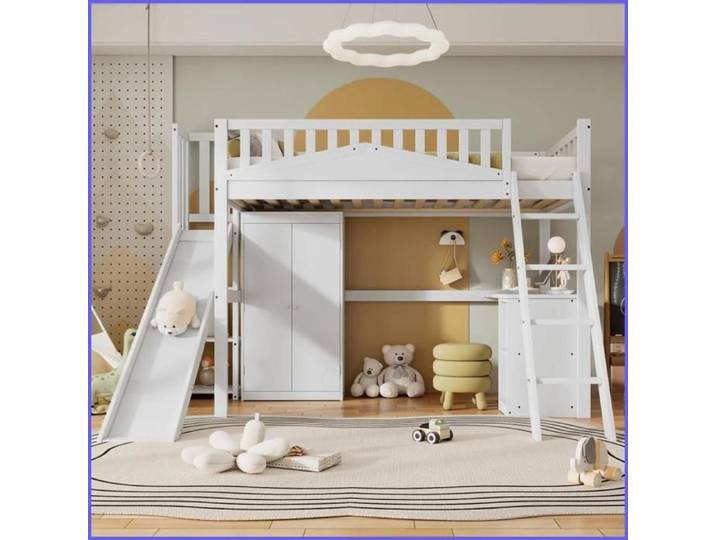Lit Superposé pour Enfants avec Toboggan Bureau & Armoire - Blanc - 90x200cm