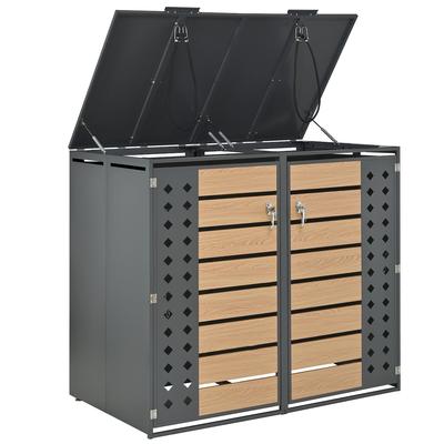 STILVORA Mülltonnenbox Stahl Grau/Holzoptik, abschließbar, 2 Fächer, Klappdeckel