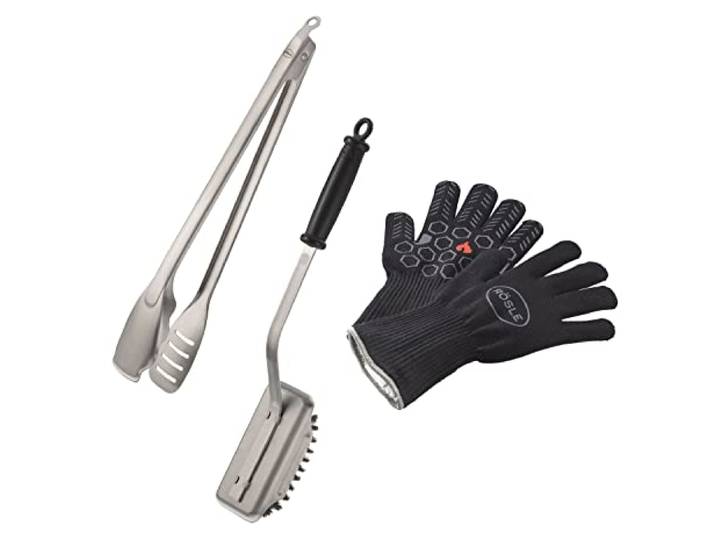 RÖSLE Barbecue Premium Grillset 3-teilig, Handschuhe, Zange, Bürste