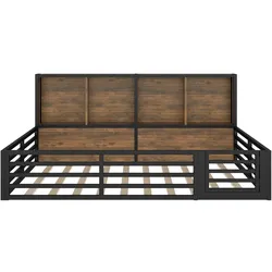 OKWISH Daybett Metall und MDF Schwarz 140x200 cm mit Lattenrost, seitlichen Staufächern und LED-Beleuchtung