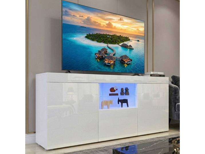Meuble TV LED Blanc Laqué Brillant 135 cm - Meuble Bas TV Salon Modern avec 3 Portes et Rangement