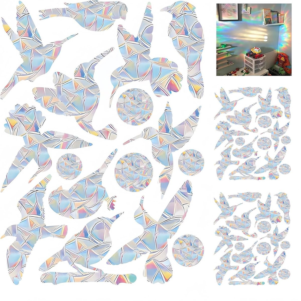 SnelShoppen 48 stuks Prisma anti-botsingsstickers voor ramen, UV-reflecterende vogelbescherming stickers
