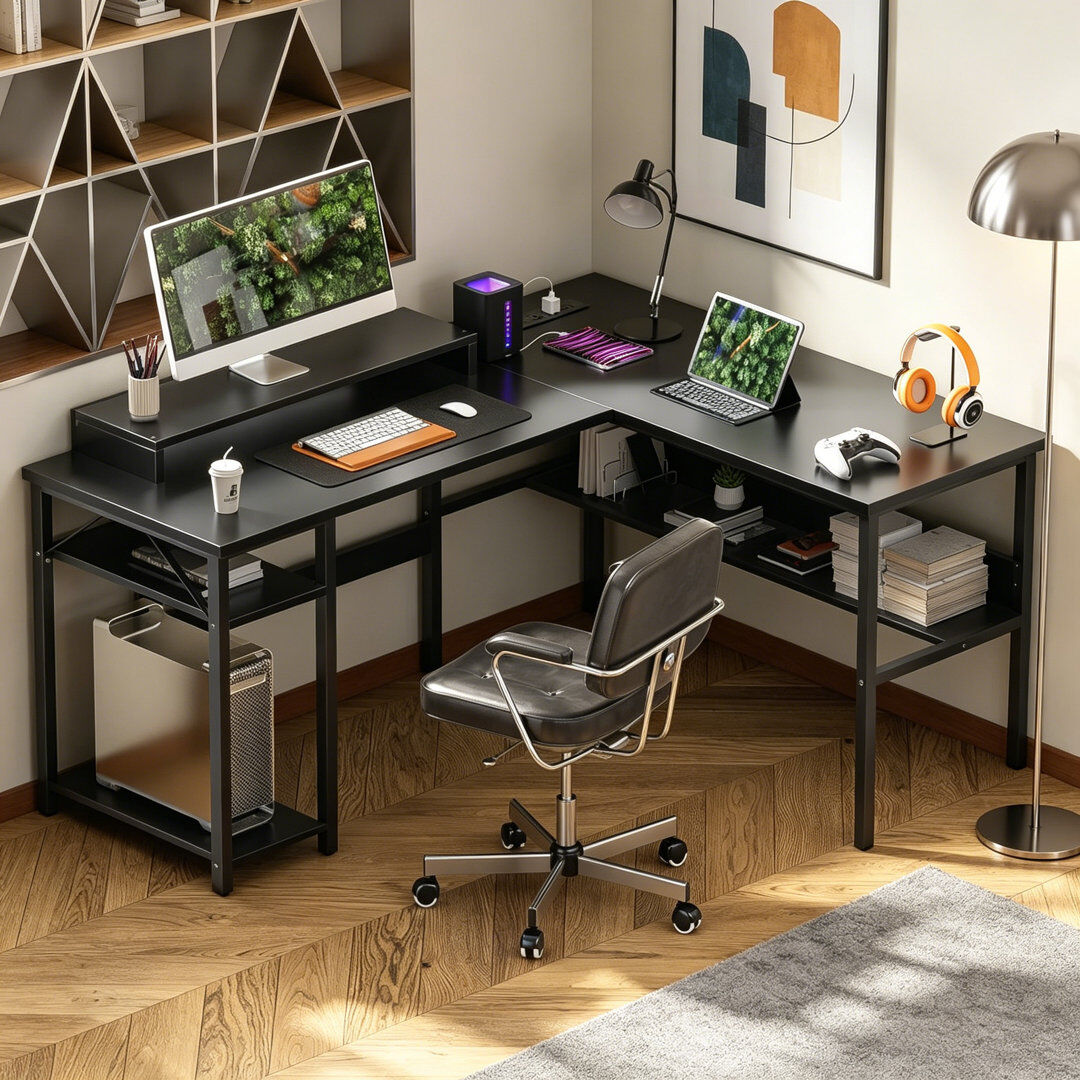 Naomi L-Shaped Computer Desk Black 73cm H X 128cm W X 108cm D