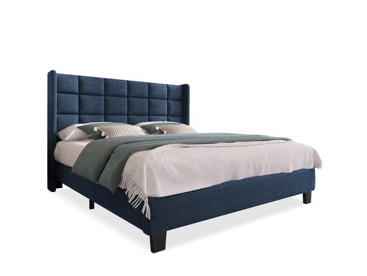 Modfu Polsterbett aus Leinen 140x200 cm in Blau mit Lattenrost, 140x200 cm, Schlafzimmer, Betten, Polsterbetten
