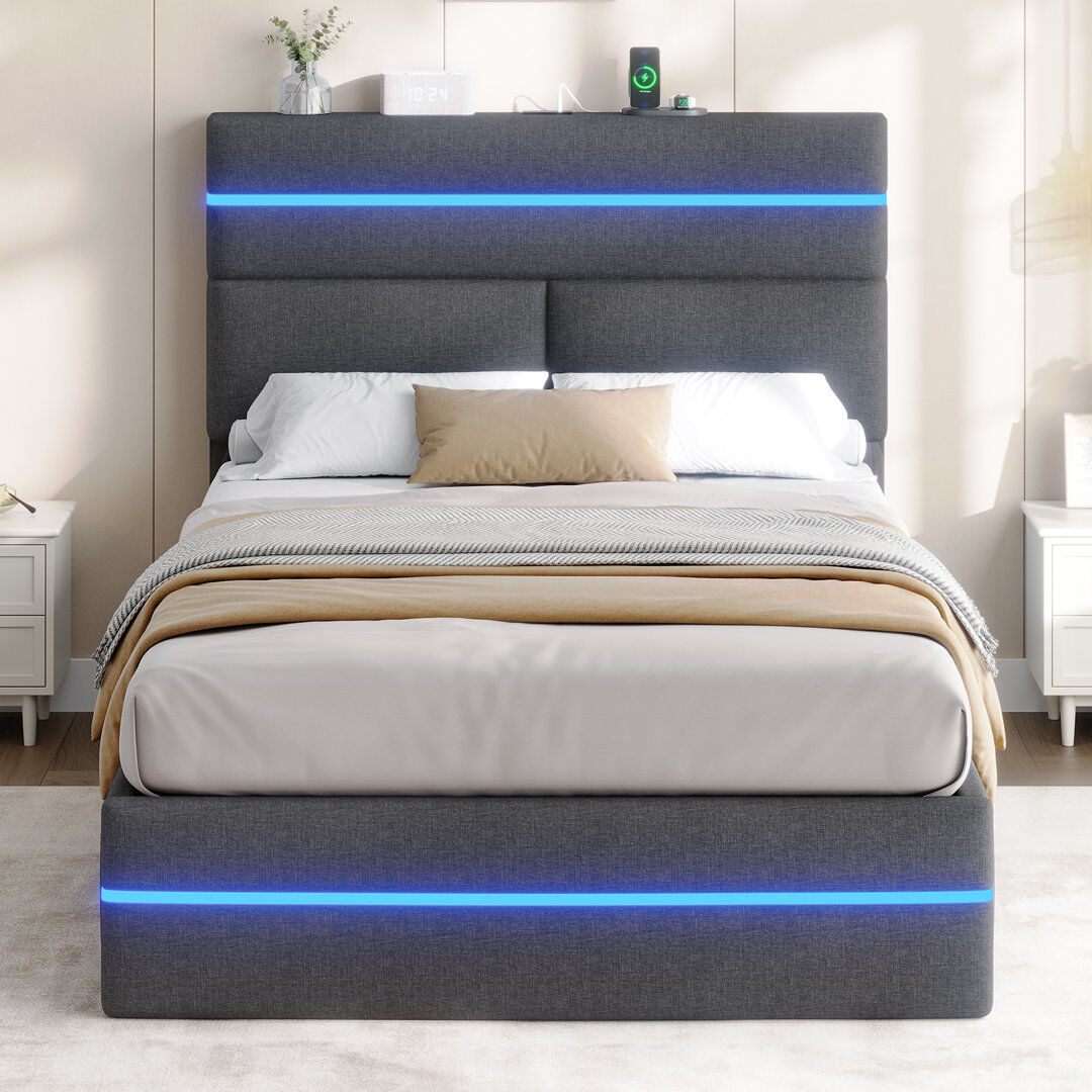 Metro Annelieke Ottoman Bed with Storage, Upholstered Headboard with LED Lights & Charging Station, Gas-Lift Bed Frame, Wooden Slats, Modern Minimalist Dark Grey Single (3')