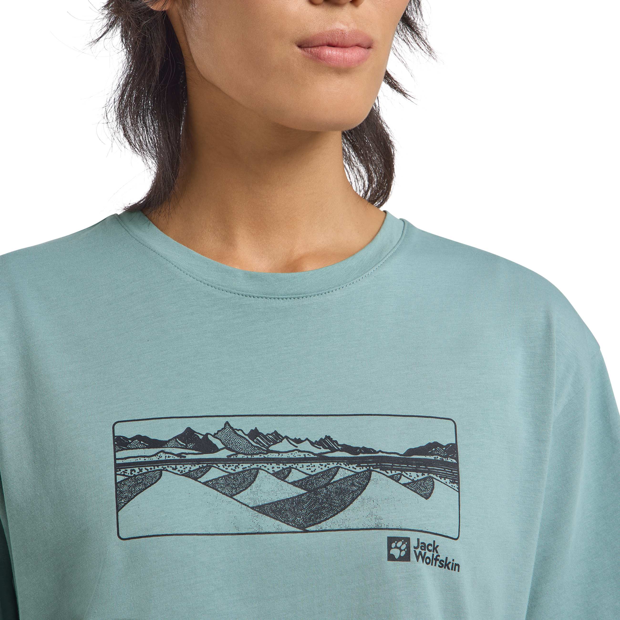 T-Shirt JACK WOLFSKIN "CORDILLERA T W", Damen, Gr. XS, grün (mountain, softjade), Obermaterial: 100% Baumwolle, Shirts T-Shirt mountain, softjade XS