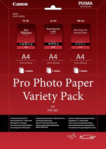 Canon Pro Photo Paper Variety Pack A4 PVP-201 6211B021 Fotopapier DIN A4 210 g/m² 15 Blatt Hochglänzend, Seidenglänzend, Matt