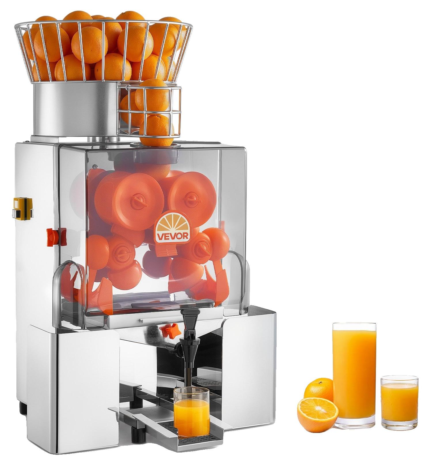 VEVOR Gewerbliche Orangenpressmaschine, 120W Elektrische Automatische Orangenpresse, Zitronen Citrus Granatapfel Extraktor für 20 pro Minute, Edelstahl, mit Schalenauffangbehälter, PC-Abdeckung, Mit Wasserhahn