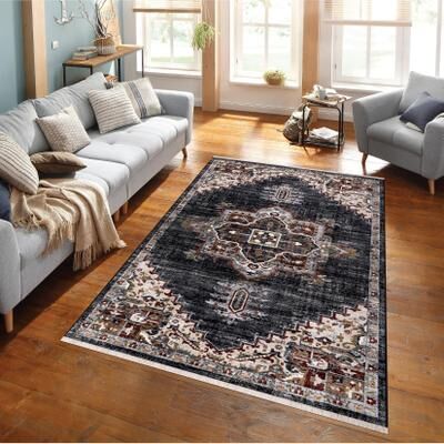 MDA Rugs Anna Collection Ivory, Black, Grey, Rust, Green, and Gold Medallion Rug