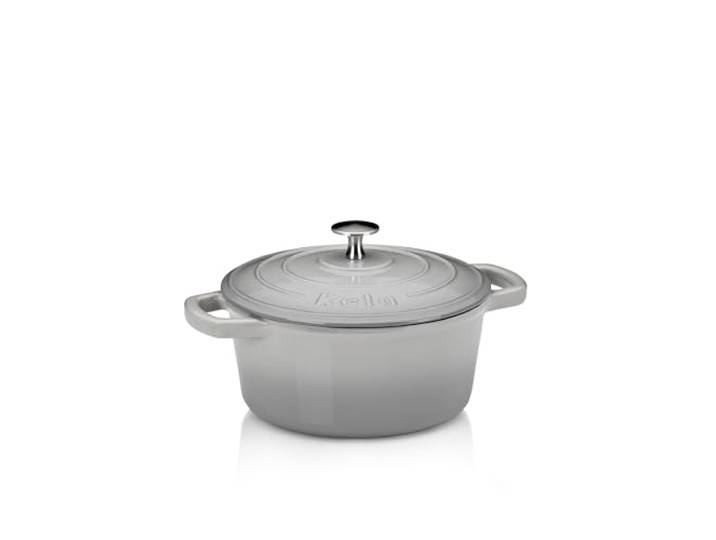 kela Gusseisen Bräter rund 2,5 Liter, Dutch Oven CALIDO, Induktion Gussbräter mit Deckel, Gusseisen Topf Brot backen, emailliert, hellgrau