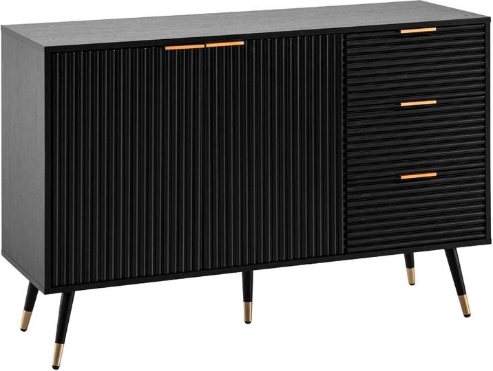 Wohnling Sideboard 120x80x40cm Schwarz Eiche-Nachbildung Türen Schubladen Modern Metallbeine