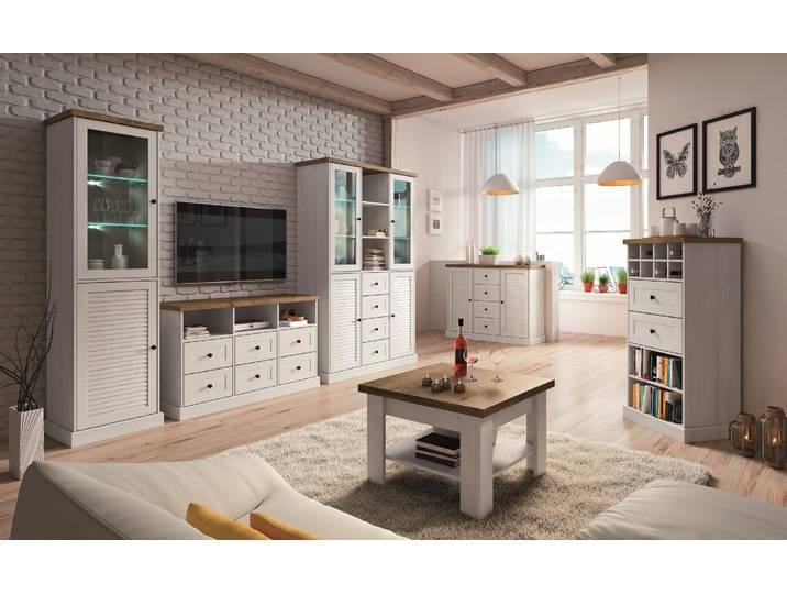 Wohnzimmer Komplett - Set A Lägern, 6-teilig, Farbe: Kiefer Weiß / Eiche Braun