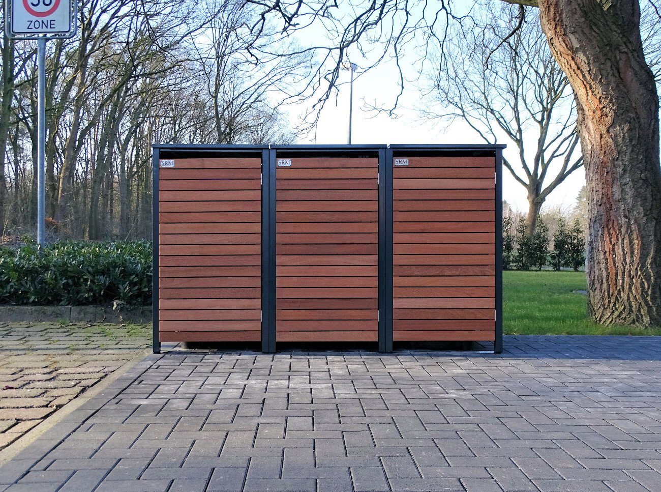 3 Mülltonnenboxen für 240 Liter-Mülltonnen in Edeldesign Anthrazit / Edelholz