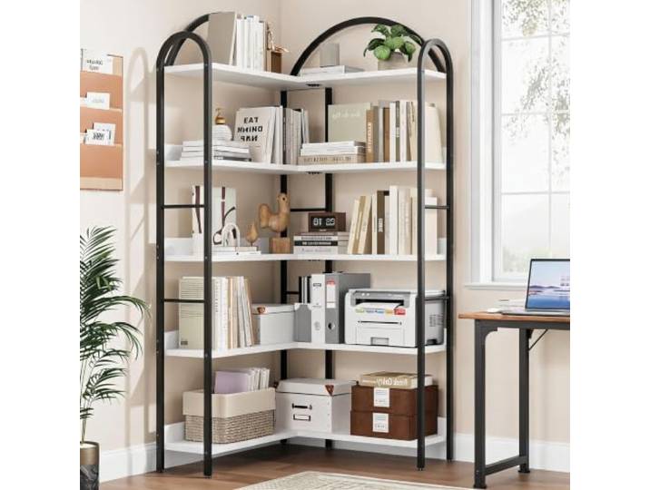 Furntrastar Eckregal Weiß 174 Cm, L-Form, 5 Ebenen, Bogenform L-Form Für Die Ecke 174 Cm Hoch 5 Ebenen Metall Und Holz, Weiß