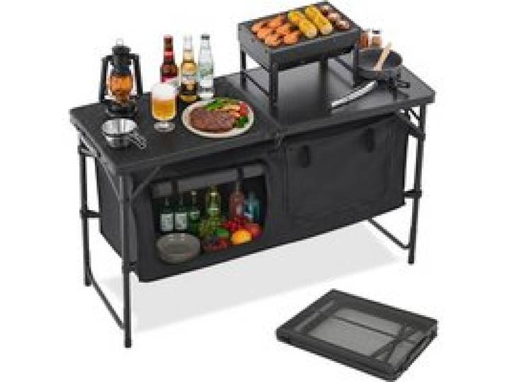 VEVOR Camping Küchentisch klappbarer Kochtisch Outdoor, 3-fach höhenverstellbar, tragbare Kochstation aus Aluminium mit Organizer & Tragegriff, für Grillpartys Picknicks Wohnmobilreisen Schwarz