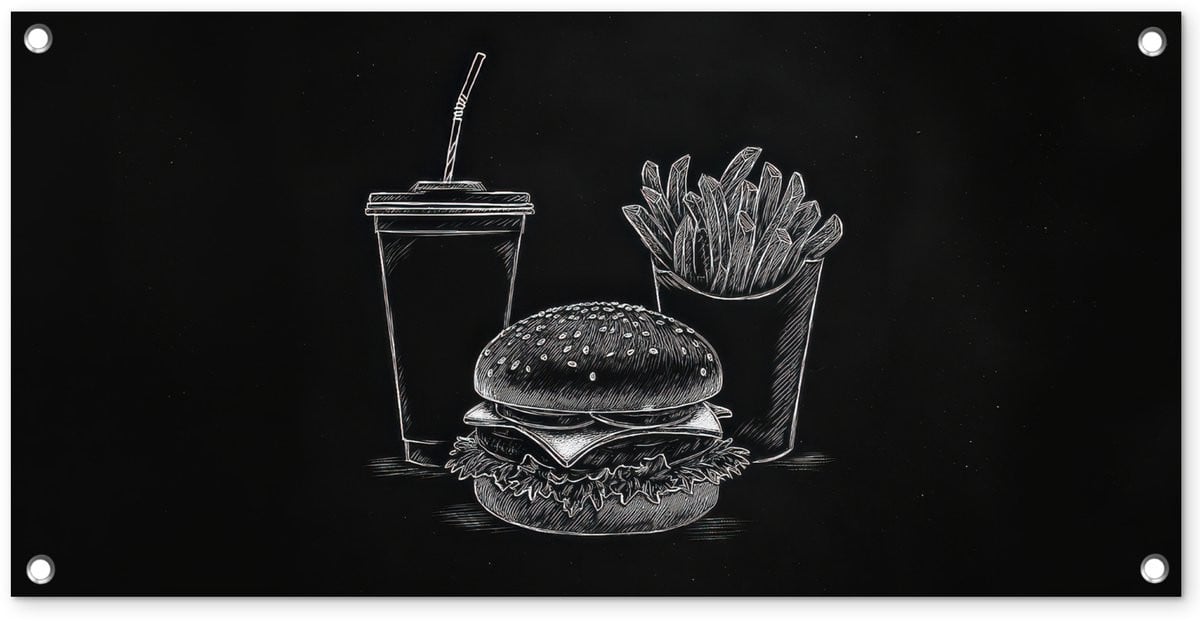 Tuindecoratie Tuinposter met Hamburger, Friet en Frisdrank Krijttekening - Buitendecoratie voor de Schutting - Breedte: 80 cm, Hoogte: 40 cm