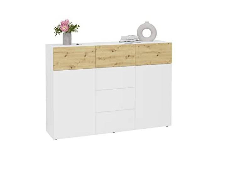 FMD Möbel BELM 4 Kommode, Holzwerkstoff, Brillantweiß/Artisan Eiche, rechteckig